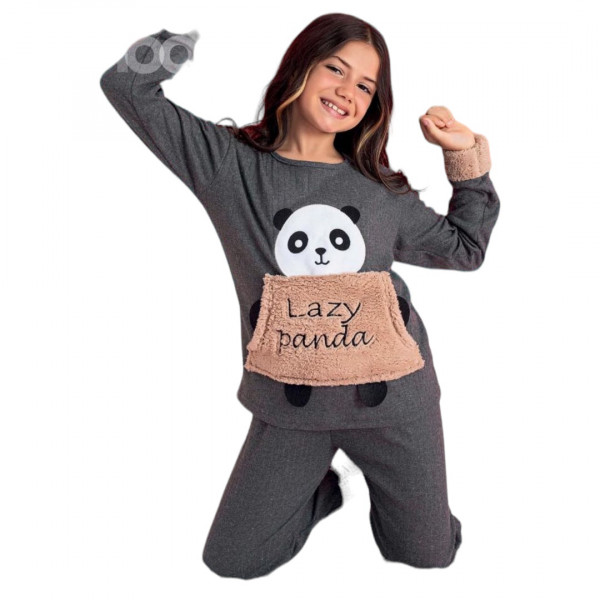 Nice Mood Κοριτσίστικη Παιδική Χειμερινή Ριμπ Πιτζάμα Γκρί με Fleece  ανάγλυφο σχέδιο Panda Lazy  8354