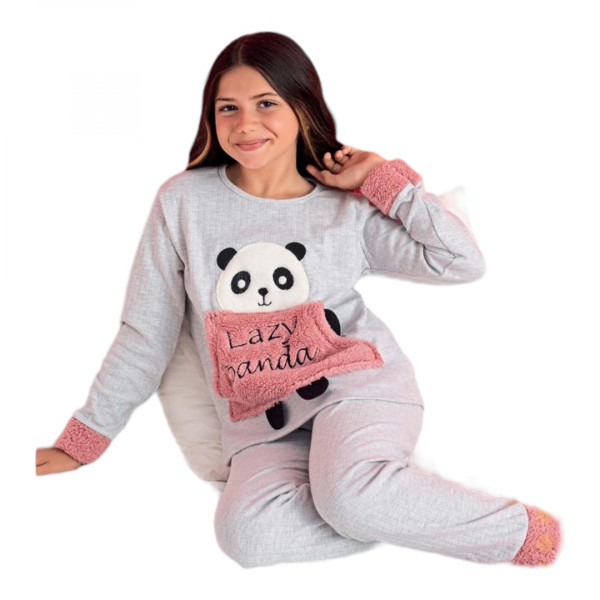 Nice Mood Κοριτσίστικη Παιδική Χειμερινή Ριμπ Πιτζάμα Γκρί ανοιχτό με Fleece Ροζ ανάγλυφο σχέδιο Panda Lazy  8353