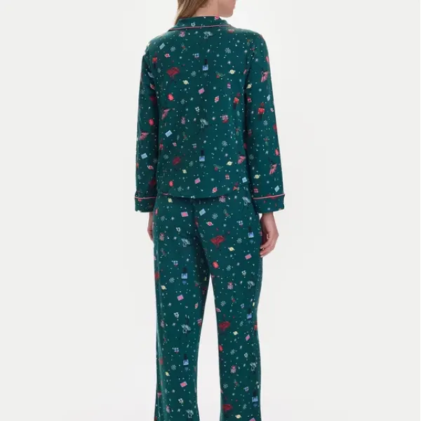 Kate Spade Γυναικείο set πιτζάμας πράσινο με κόκκινες & ροζ λεπτομέρειες christmas  πουκάμισο με κουμπιά & ιδιο παντελόνι KSI82765F
