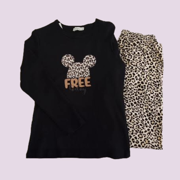 Γυναικεία Χειμερινή βαμβακερή Πιτζάμα Mαύρη Μπλούζα Minnie Mouse λεοπάρ παντελόνι  Animal.print.Minnie