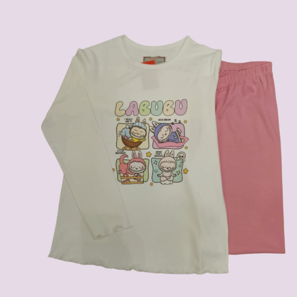 Κοριτσίστικη Βαμβακερή παιδική Πιτζάμα λεύκο μπλουζάκι ρόζ παντελόνι με Labubu ζωάκι Labubu White