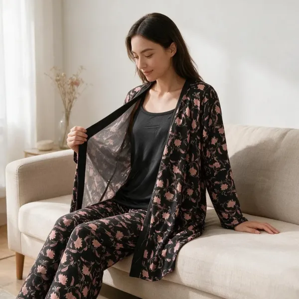 Γυναικεία Lingerie πιτζάμα βαμβακερή 3 τεμ ρόμπα τοπ & παντελόνι ίσιο  μαύρη φλοραλ τύπου Batik εθνικ F1818 BLACK