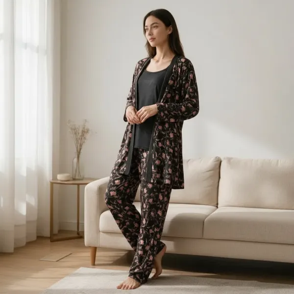 Γυναικεία Lingerie πιτζάμα βαμβακερή 3 τεμ ρόμπα τοπ & παντελόνι ίσιο  μαύρη φλοραλ τύπου Batik εθνικ F1818 BLACK
