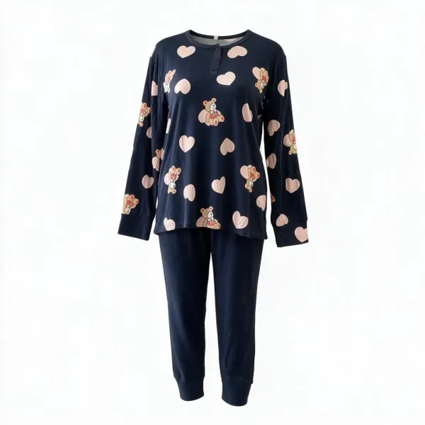 Γυναικεία πιτζάμα Cute fashion 3 κουμπιά μπλέ με ρόζ καρδούλες & αρκουδάκια modal K03 BLUE