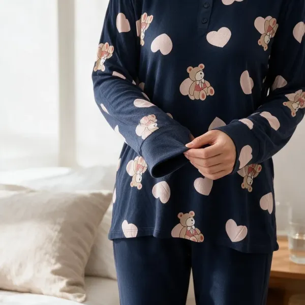 Γυναικεία πιτζάμα Cute fashion 3 κουμπιά μπλέ με ρόζ καρδούλες & αρκουδάκια modal K03 BLUE