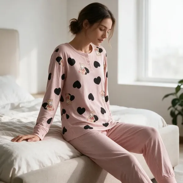 Γυναικεία πιτζάμα Cute fashion 3 κουμπιά ρόζ με καρδούλες & αρκουδάκια modal K03 PINK