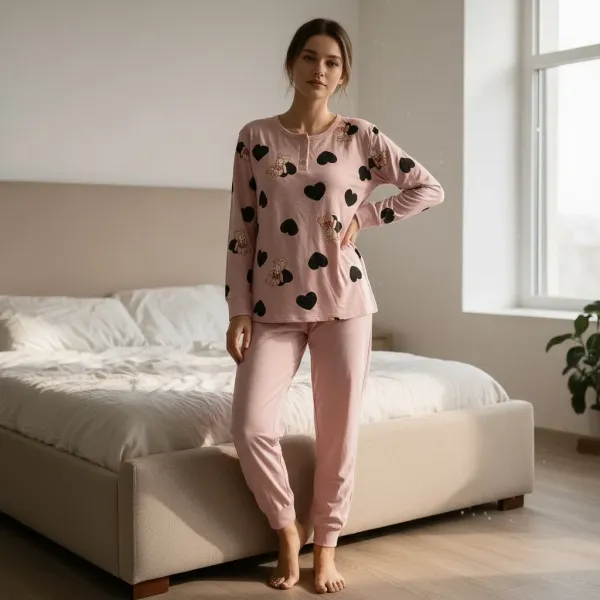 Γυναικεία πιτζάμα Cute fashion 3 κουμπιά ρόζ με καρδούλες & αρκουδάκια modal K03 PINK