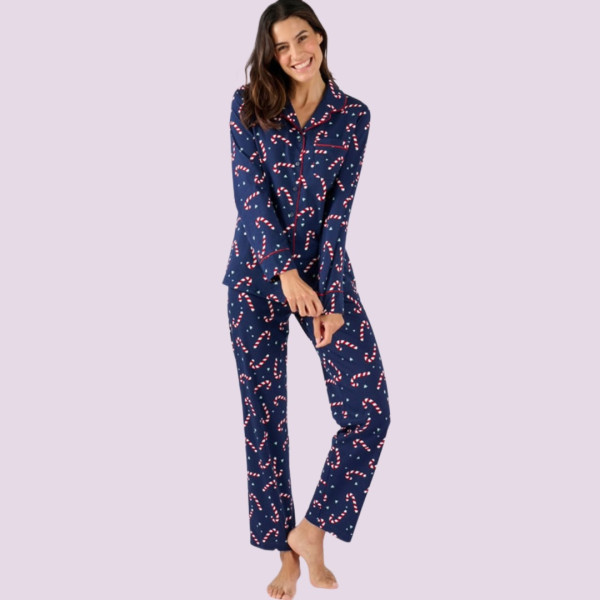 Moony Homewears Γυναικεία Χειμερινή Χριστουγεννιάτικη Πιτζάμα με κουμπιά candy γλυφειτζούρια Christams.Blue μπλέ