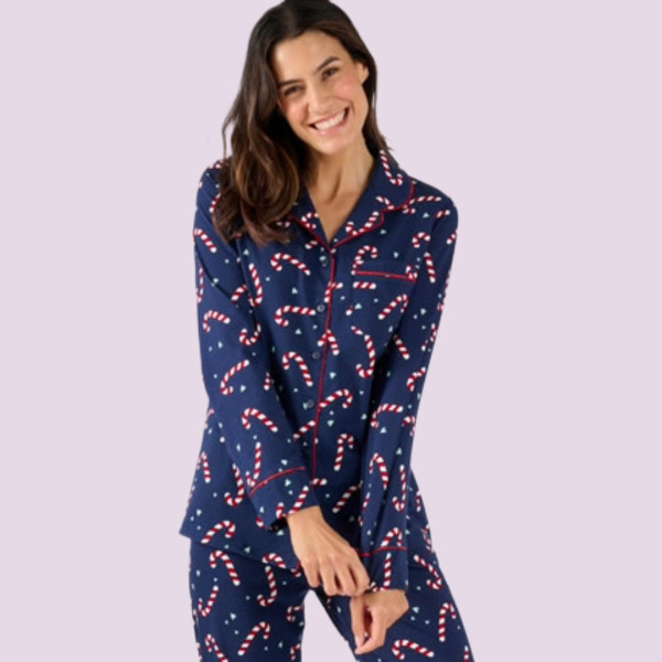 Moony Homewears Γυναικεία Χειμερινή Χριστουγεννιάτικη Πιτζάμα με κουμπιά candy γλυφειτζούρια Christams.Blue μπλέ