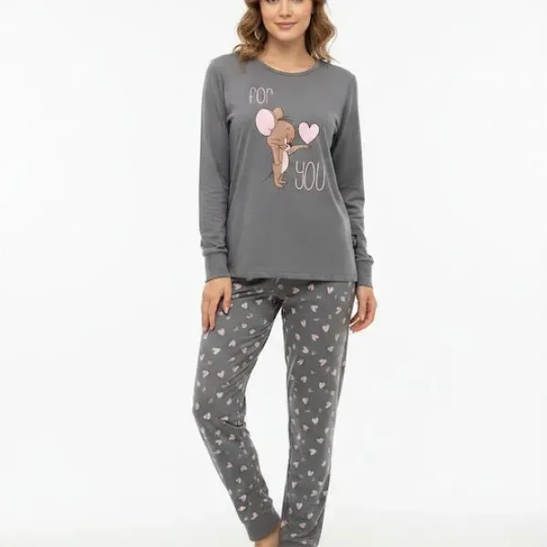 Sara γυναικεία  βαμβακερή γκρί Χειμερινή Πυτζάμα fashion με σχέδιο Tom & Jerry  1317 grey 