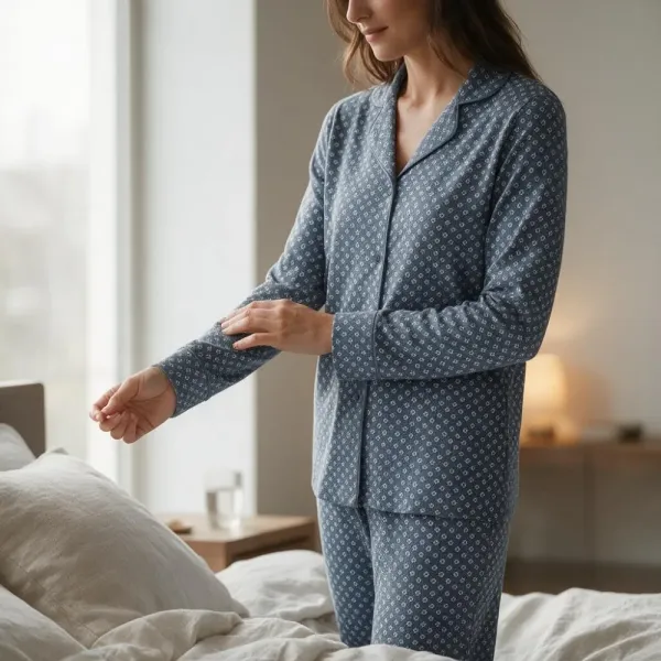 Triumph Γυναικεία Πιτζάμα απο Eco vero ύφασμα 100% viscose με Κουμπιά & Μακρύ Παντελόνι  Sea Blue με γεωμετρικά μικροσχέδια Boyfriend Fit PW 10225082 M031/W3