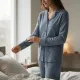 Triumph Γυναικεία Πιτζάμα απο Eco vero ύφασμα 100% viscose με Κουμπιά & Μακρύ Παντελόνι  Sea Blue με γεωμετρικά μικροσχέδια Boyfriend Fit PW 10225082 M031/W3