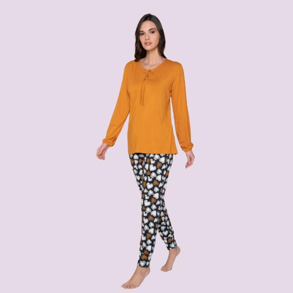 Jeannette Γυναικεία Χειμερινή  100% Βαμβακερή Πιτζάμα Homewear με λαιιμόκοψη 7760 Πορτοκαλί