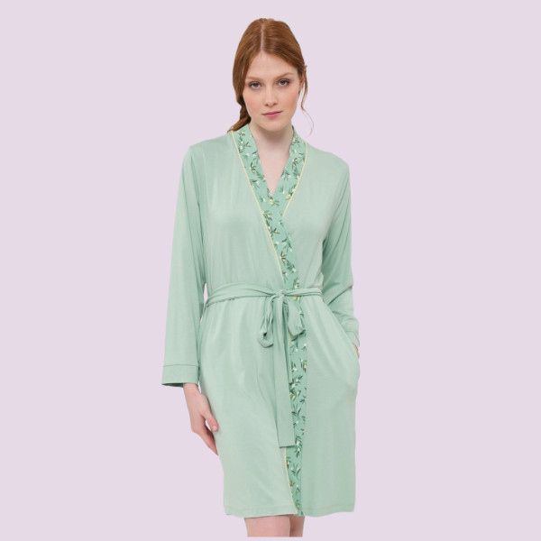 Muydemi Hello Dreamers Γυναικείo βαμβακερή ρόμπα εγκυμοσύνης πράσινο ανοιχτό με λουλούδια στο τελείωμα 284003