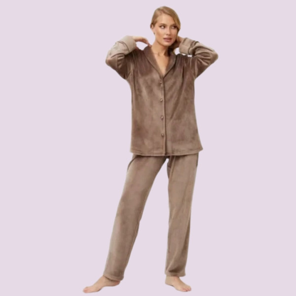 Aruelle Γυναικείο σετ πιτζάμας ultra soft βελούδο πουκάμισο με κουμπιά Choco Σοκολά 39.01.23.664 Dream with us 
