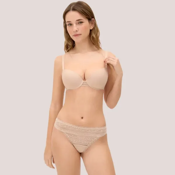 Ysabel Mora Set Γυναικείο Σουτιέν Μπεζ Push up B Cup με δαντέλα στο πλάϊ & string Beige 10171