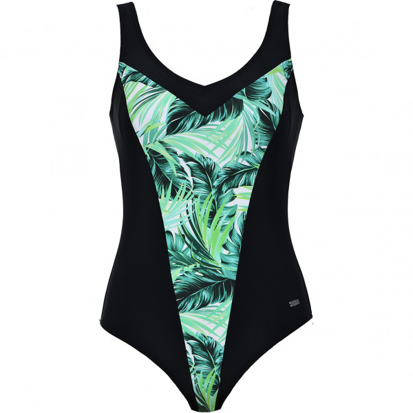 Naturana Κλασικό Ολόσωμο Μαύρο Μαγιό με Σχέδιο Φύλλα  31542 Beachwear Swimsuit 