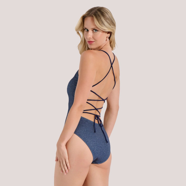 Bilitis Γυναικείο Ολόσωμο Μαγιό Eclipse Μπλέ μεταλλιζέ Blue Roua με χαμηλή πλάτη & φανταστικό δέσιμο Luxury collection EC245