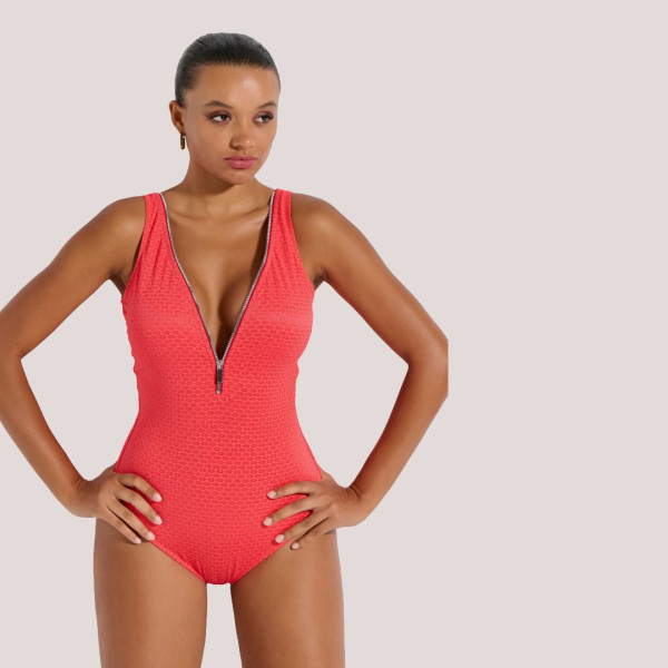 Bilitis Γυναικείο Ολόσωμο Μαγιώ shaper με ασημένιο φερμουάρ μπροστά Fantasia Κοραλί Coral shiny FA098 Luxury collection