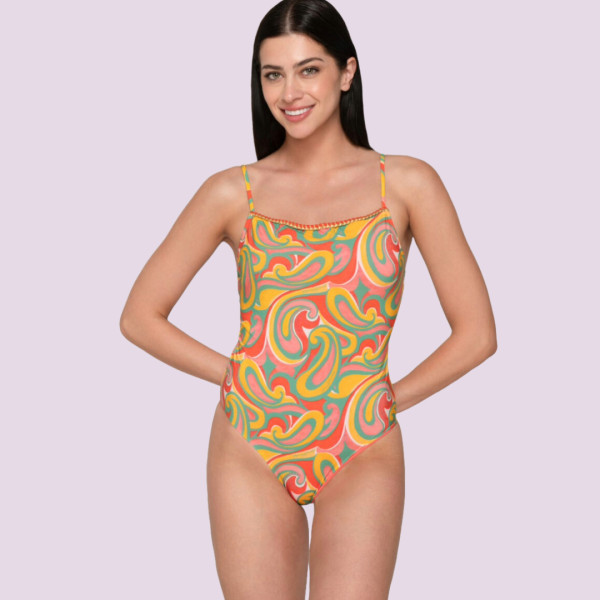 Luna Γυναικείο Μαγιό Drop ολόσωμο Κοραλί  με κίτρινο  summer collection 94618