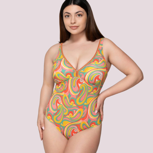 Luna Γυναικείο Μαγιό Drop ολόσωμο με ενίσχυση με ρυθμιζόμενες τιράντες κοραλί με Χρυσό κέντημα summer collection 94619