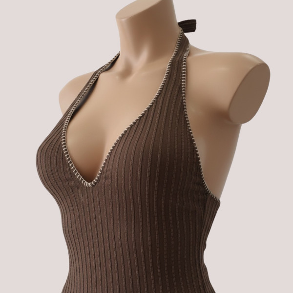 Modern Ocean Γυναικείο ολόσωμο χρώμα Σοκολά σκούρο καφέ V δετό μαγιό με ανάγλυφο ύφασμα & καφέ ραφές 1619 dark Brown