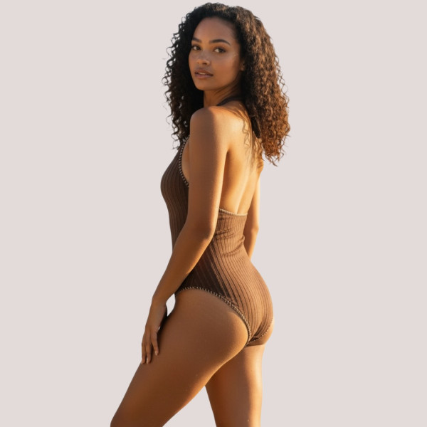 Modern Ocean Γυναικείο ολόσωμο χρώμα Σοκολά σκούρο καφέ V δετό μαγιό με ανάγλυφο ύφασμα & καφέ ραφές 1619 dark Brown