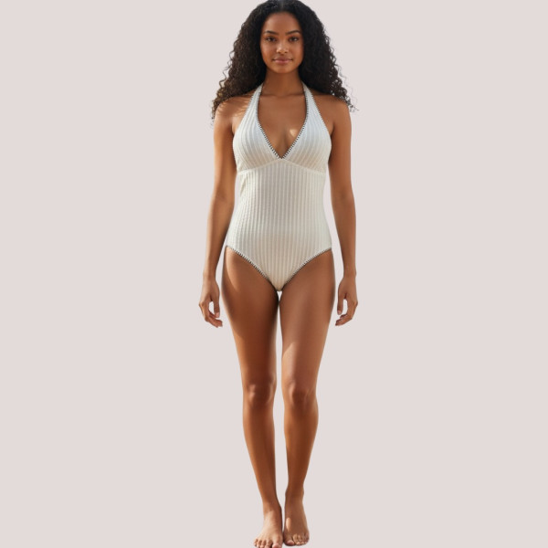 Modern Ocean Γυναικείο ολόσωμο χρώμα Λευκό V δετό μαγιό με ανάγλυφο ύφασμα & καφέ ραφές 1619 Ivory