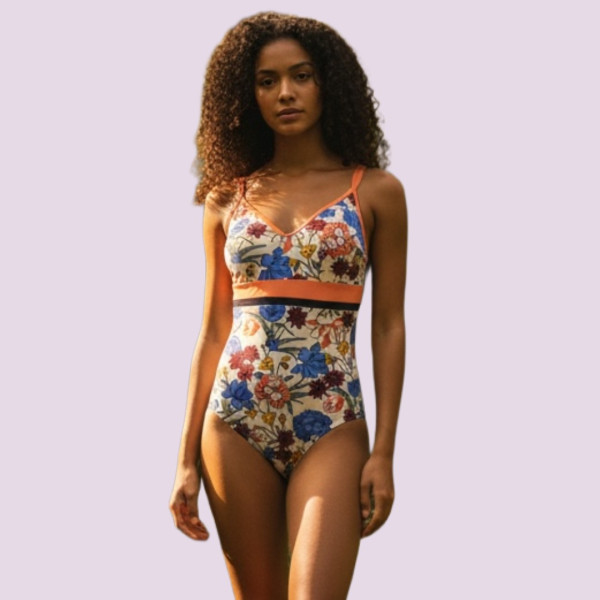 Γυναικείο  Ολόσωμο Μαγιό πορτοκαλί με Φλοράλ χρώματα & μοτίβο λουλουδιών D Cup S71117 Garden