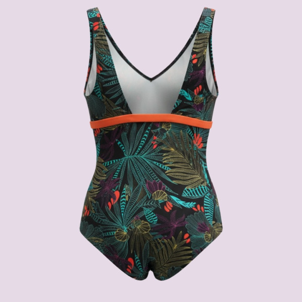 Γυναικείο  Ολόσωμο Μαγιό Μαύρο με Φλοοράλ χρώματα & πορτοκαλί ζώνη S74422  Beachwear Swimsuit