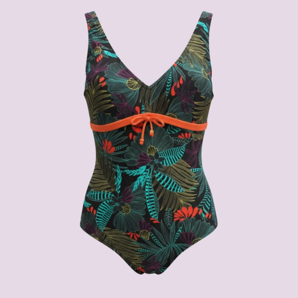 Γυναικείο  Ολόσωμο Μαγιό Μαύρο με Φλοοράλ χρώματα & πορτοκαλί ζώνη S74422  Beachwear Swimsuit