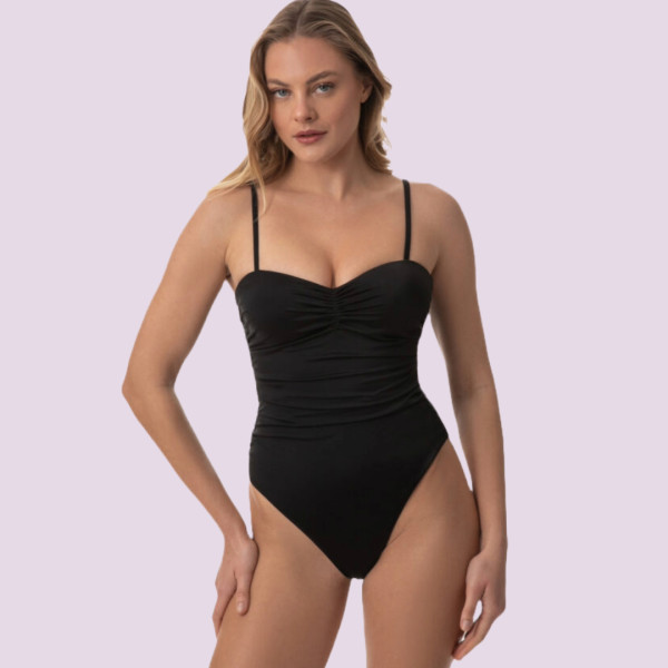 Rock Club γυναικείο μαύρο σέξυ ολόσωμο μαγιό brazil με σούρες στα πλαινά BP4057