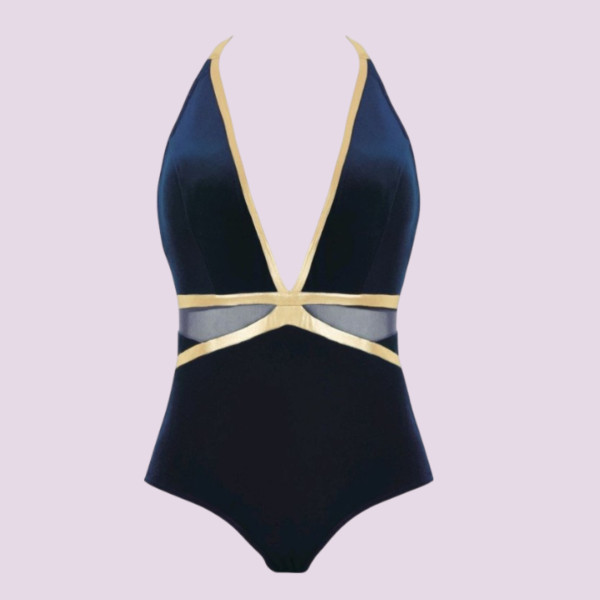 Self  Luxury Swimwear Γυναικείο Ολόσωμο καφέ βελούδινο μαγιό με χρυσές λεπτομέρειες με βαθύ ντεκολτέ & διαφάνειες push up 1018E19