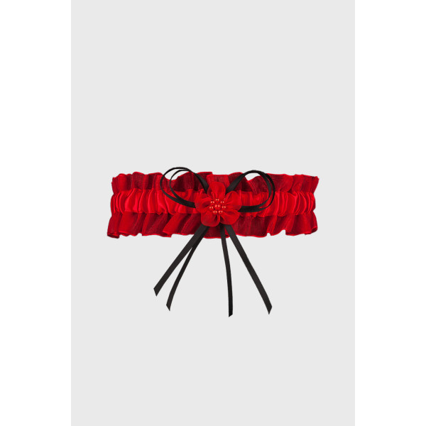 Julimex Κόκκινη Καλτσοδέτα με Πέρλα από Τούλι και Σατέν Κορδέλα Leg Garter PW22 Lizbona