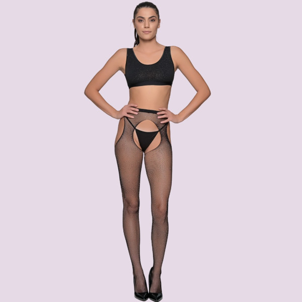 Milena by Paris Super sexy Διχτυωτό Καλσόν με Strass και Ανοιχτό Καβάλο  Μαύρο Black 005432