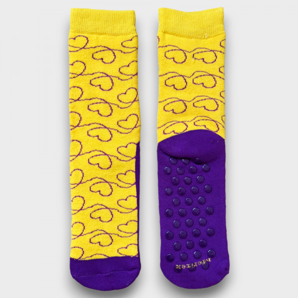 Meritex  Καλτσοπαντόφλες για Κορίτσια Κίτρινες με Μωβ καρδούλες σχεδιάκια 4366 Κάλτσες με βεντουζάκια!!!