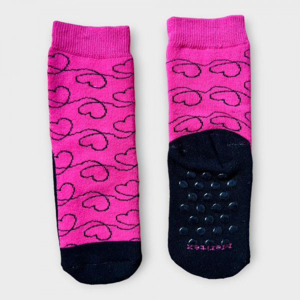 Meritex  Καλτσοπαντόφλες για Κορίτσια  Ροζ με Μαύρες καρδούλες σχεδιάκια 4366 Κάλτσες με βεντουζάκια!!!