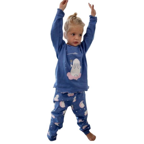 Happy Family Παιδική Βαμβακερή Πιτζάμα Χειμωνιάτικη για Μικρά Κορίτσια  Μωβ σχέδιο Κουνελάκι με Glitter ραβδάκι αστέράκι 206