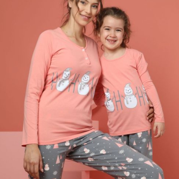 Sexen Παιδική βαμβακερή πιτζάμα για κορίτσι χριστουγεννιάτικη Χιονάνθρωπος  Snowman Σομόν & παντελόνι με σχέδια 3040-K