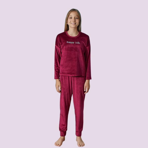 Mihra παιδική εφηβική κόκκινη βελούδινη πιτζάμα με logo Original Kids 13901-16 Red