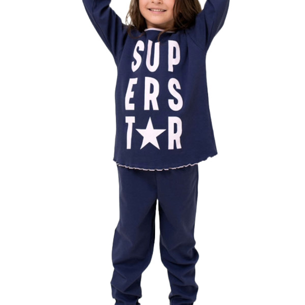 Happy Family Παιδική Βαμβακερή Πιτζάμα Χειμωνιάτικη για Κορίτσια  Μωβ σχέδιο super Star Ροζ PB-XHF783