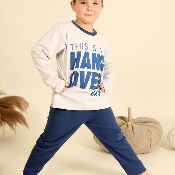 Happy Family Παιδική Βαμβακερή Πιτζάμα Χειμωνιάτικη για Αγόρια με Logo Hang Over Μπλε -Γκρί PB-XHF788