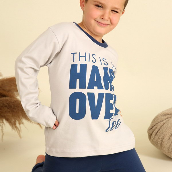 Happy Family Παιδική Βαμβακερή Πιτζάμα Χειμωνιάτικη για Αγόρια με Logo Hang Over Μπλε -Γκρί PB-XHF788