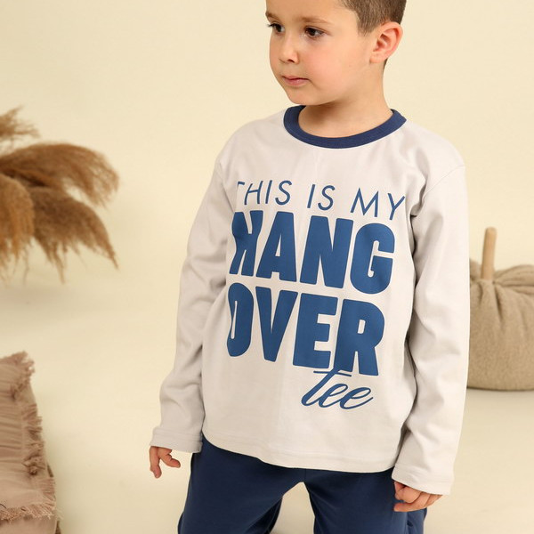 Happy Family Παιδική Βαμβακερή Πιτζάμα Χειμωνιάτικη για Αγόρια με Logo Hang Over Μπλε -Γκρί PB-XHF788