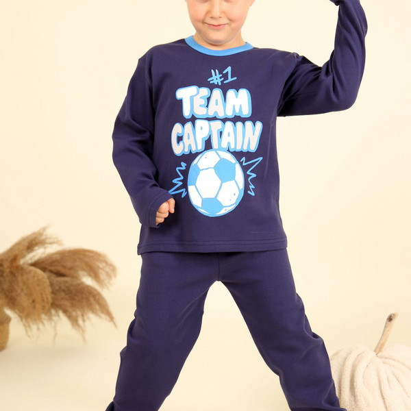 Happy Family Παιδική Βαμβακερή Πιτζάμα Χειμωνιάτικη για Αγόρι με σχέδιο Μπάλα και Logo Team Μπλέ PB-ΧHF789