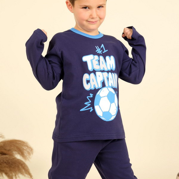 Happy Family Παιδική Βαμβακερή Πιτζάμα Χειμωνιάτικη για Αγόρι με σχέδιο Μπάλα και Logo Team Μπλέ PB-ΧHF789