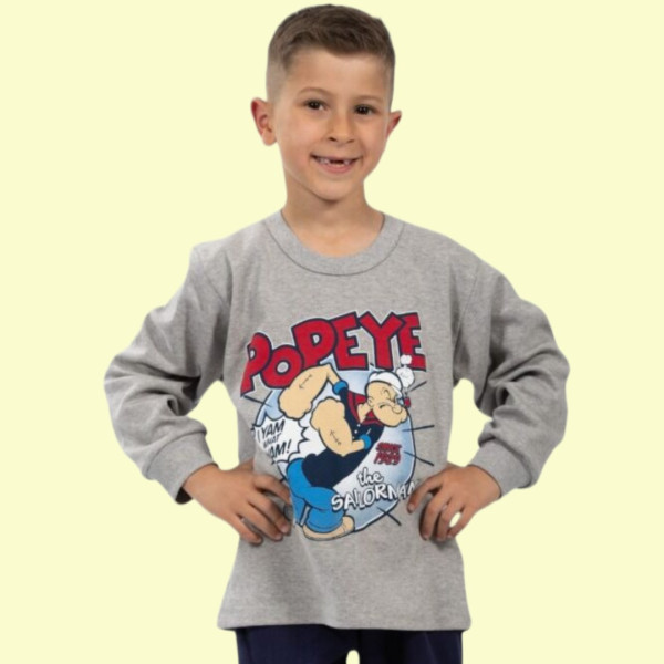 Nina Club αγορίστικη βαμβακερή πιτζάμα fashion με σχέδιο Popey Ποπάυ γκρί φουτερ μπλούζα μπλέ παντελόνι NC704