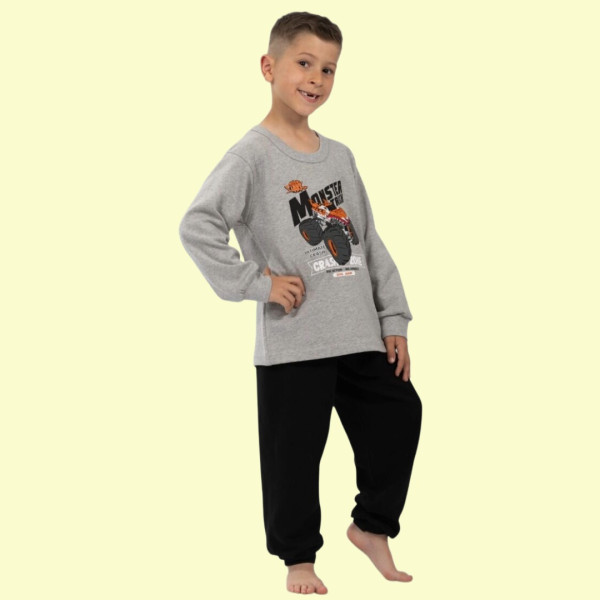 Nina Club αγορίστικη βαμβακερή πιτζάμα fashion με σχέδιο Monster Truck Γκρί μπλούζα μαύρο παντελόνι NC26347