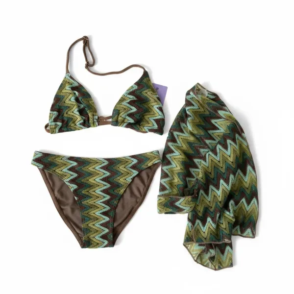 Modern Ocean Set παιδικό μαγιό πλεκτό τριγωνάκι τύπου Missoni με δώρο το παρεό με αποχρώσεις του πράσινου CT-6332 green