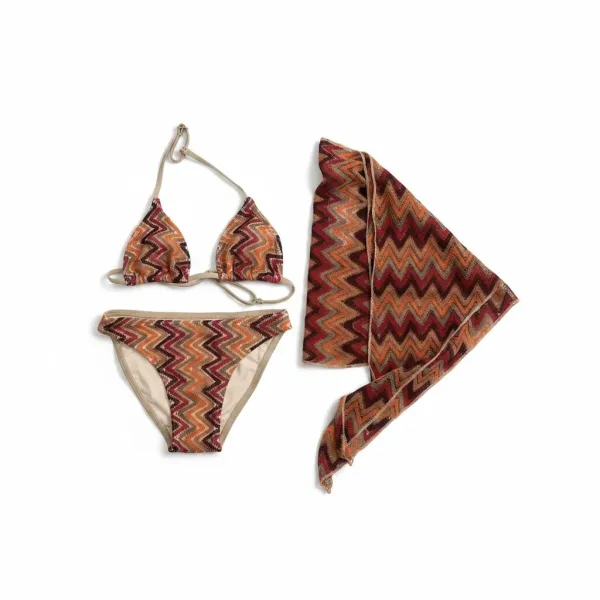 Modern Ocean Set παιδικό μαγιό πλεκτό τριγωνάκι τύπου Missoni με δώρο το παρεό τερακότα & μπορντώ CT-6332 teracotta bordeaux